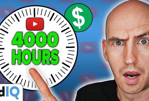 Man pointing at clock showing 4000 hours for YouTube monetization with dollar sign icon