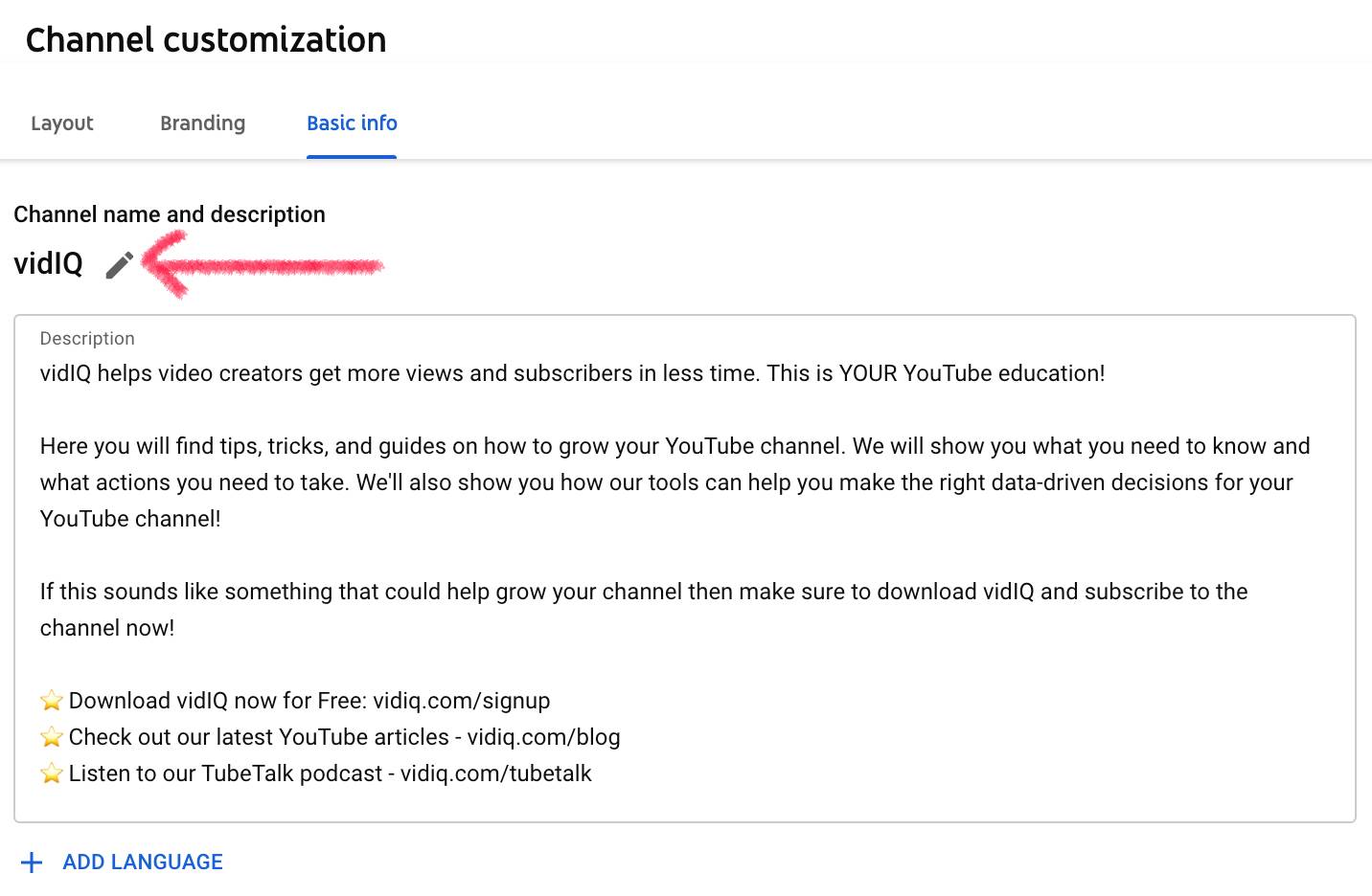 YouTube channel customization page showing vidIQ name and description editing section.