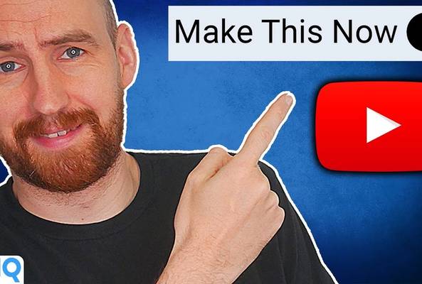 Man pointing at YouTube play button with text "Make This Now" on blue background