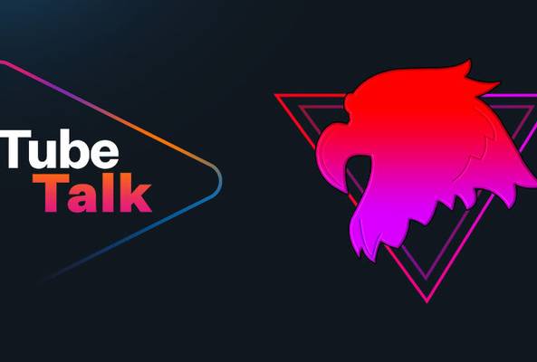 Tube Talk logo with gradient play button and red-purple stylized eagle inside triangle icon