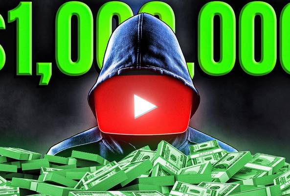 Hooded figure with YouTube logo face behind stacks of cash and $1,000,000 text background