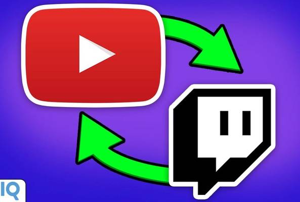 YouTube and Twitch logos with green arrows showing video platform cross-promotion concept