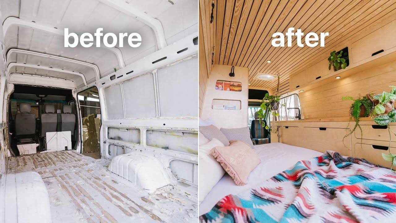 Before and after shots of a renovated van