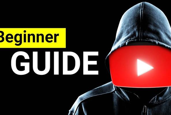 Hooded figure with glowing YouTube play icon face and text "Beginner Guide" on black background