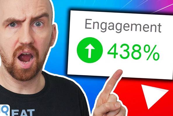 Man surprised by 438% engagement increase with vidIQ and YouTube play button background