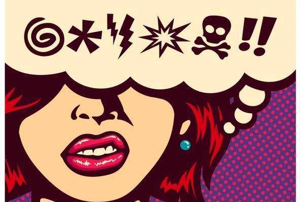Pop art woman with red hair grimacing and angry symbols in speech bubble above head