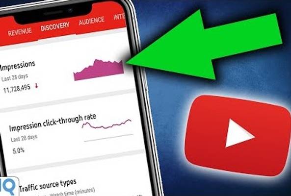 Mobile screen showing YouTube impressions data and growth with green arrow and logo.