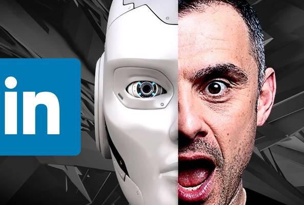 Half human, half robot face with LinkedIn logo on dark abstract background