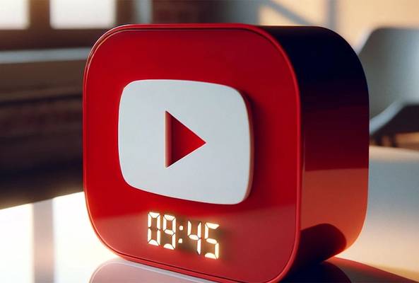 Red YouTube-themed digital clock displaying 09:45 on a reflective surface indoors.