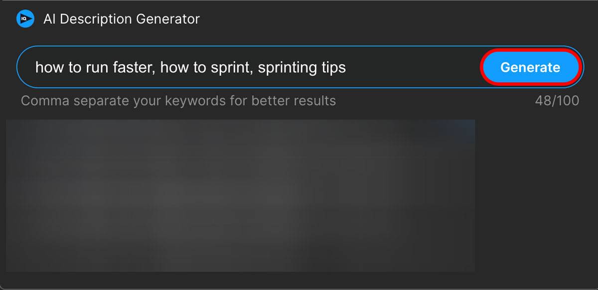 AI description generator interface showing keyword input and blue generate button