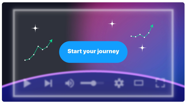 Blue "Start your journey" button over abstract background with rising graph icons and controls