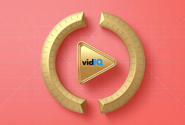 Gold play button with vidIQ logo inside broken golden ruler circle on coral background