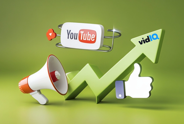 Green upward arrow with YouTube, vidIQ logos, megaphone, and thumbs-up icons on green background