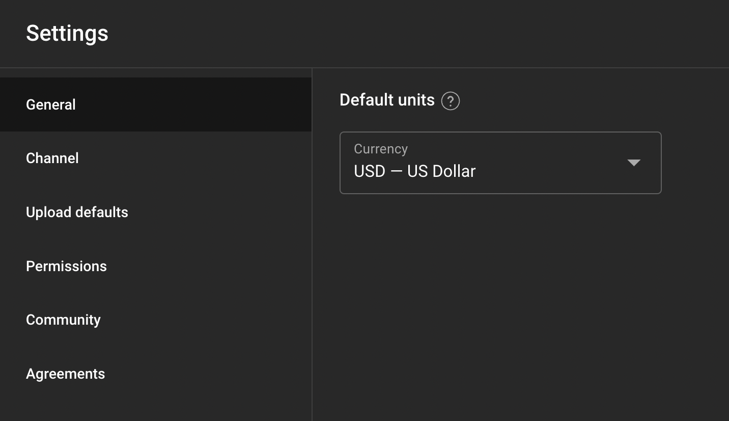 youtube studio settings for location and currency