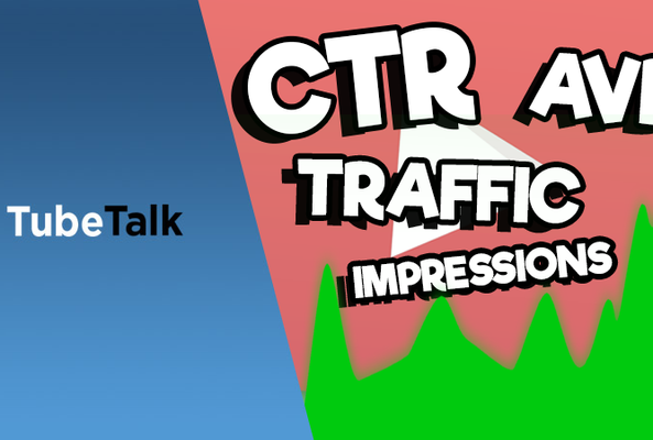 TubeTalk logo with YouTube metrics like CTR, AVD, traffic, and impressions graph