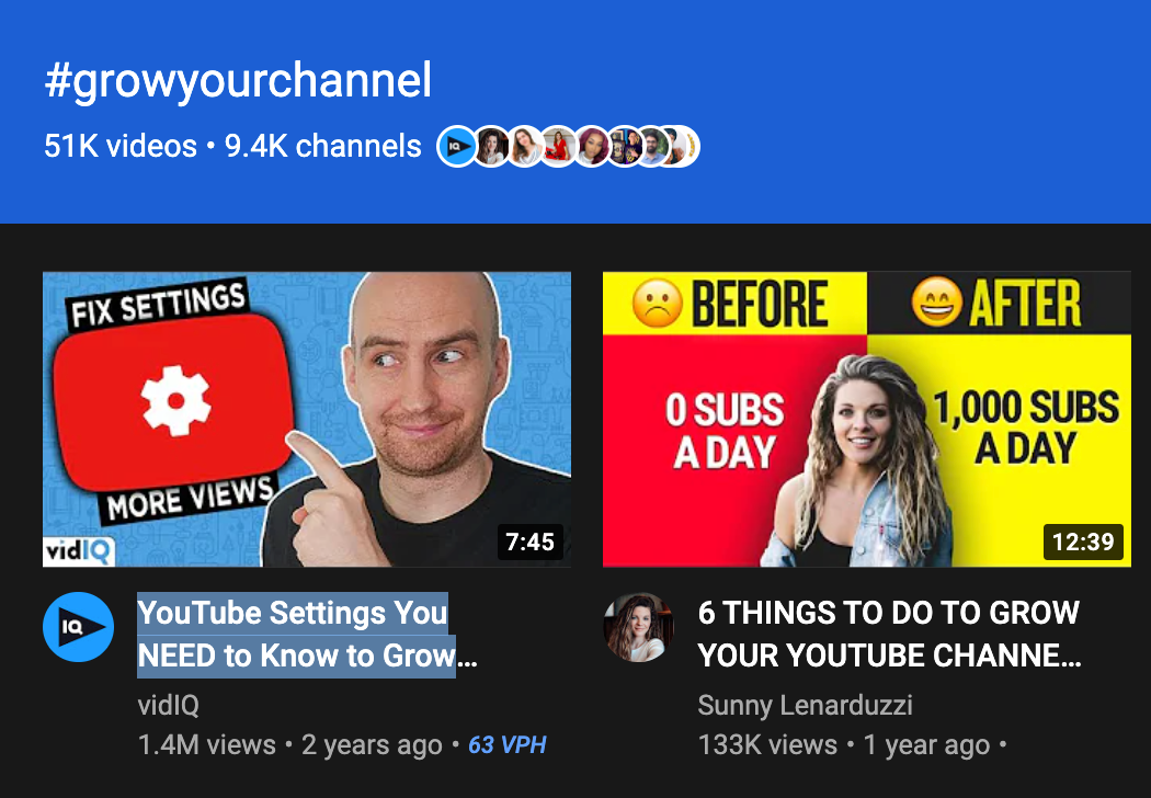 vidIQ video featured on the #growyourchannel hashtag page