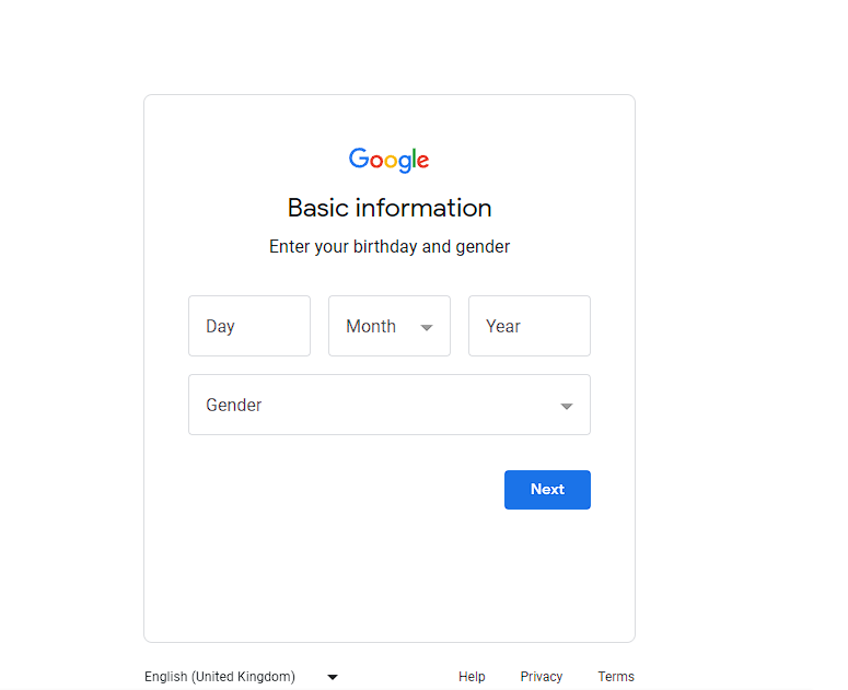 Entering basic information to set up your Google account for YouTube