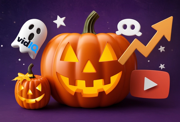 Halloween pumpkins with YouTube and vidIQ icons illustrating content growth trends.