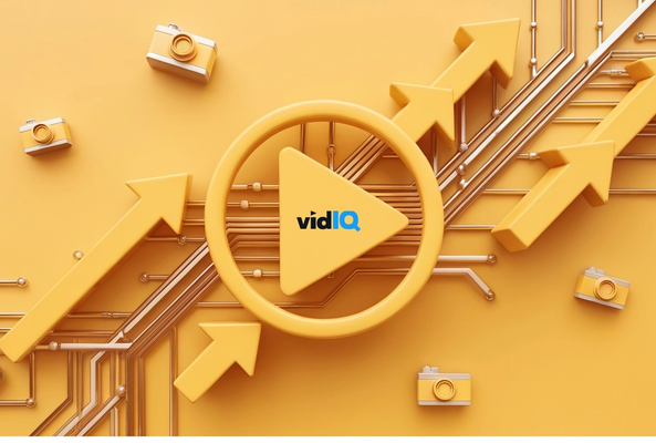 vidIQ logo with upward arrows and cameras symbolizing video growth and analytics