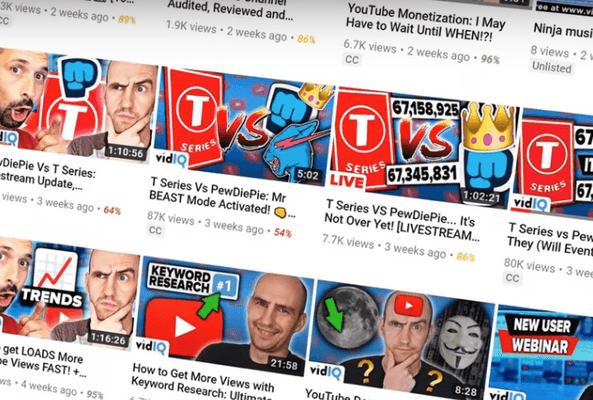 YouTube video thumbnails and titles focused on increasing views and channel growth tips.