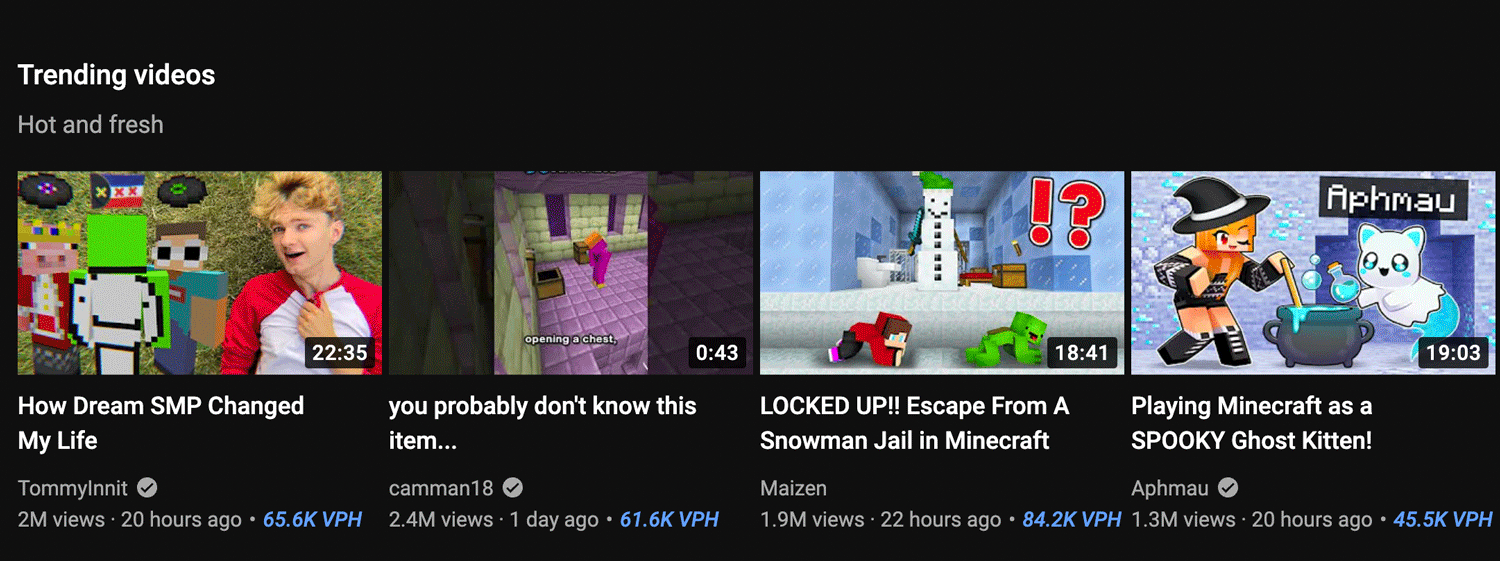 Trending Minecraft and gaming video thumbnails with views and durations on a dark interface