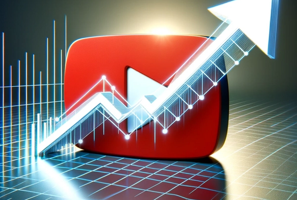 YouTube logo with rising digital graph arrow representing video growth and analytics trends