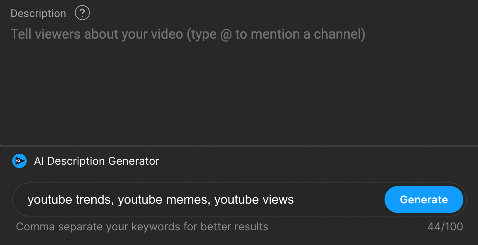 The keywords "youtube trends," "youtube memes" and "youtube views" typed into the vidIQ AI description generator