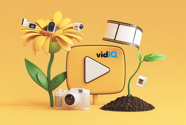 Yellow play button icon with vidIQ logo surrounded by cameras, film strip, and plants.