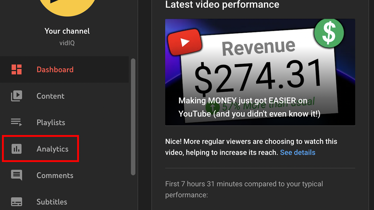 YouTube channel dashboard showing analytics with revenue of $274.31 from latest video performance