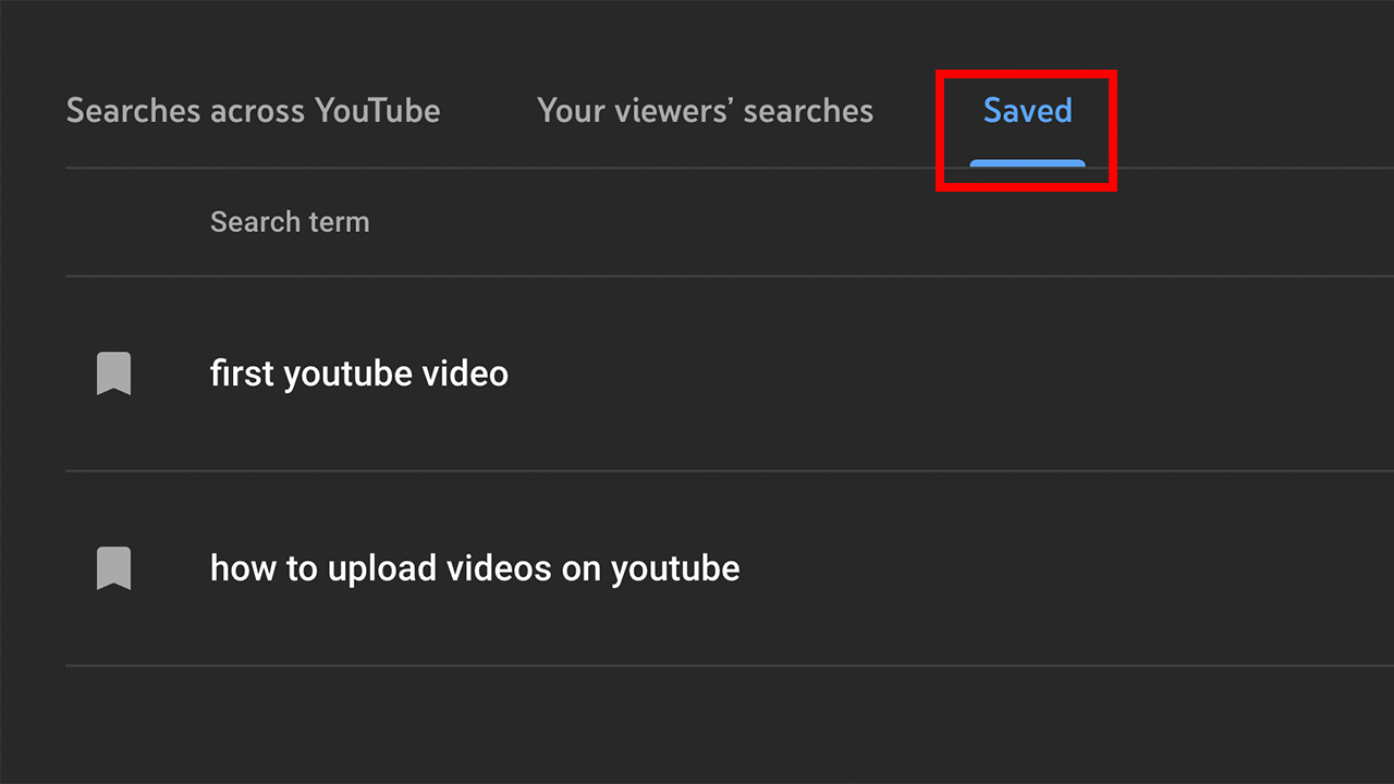 YouTube search terms saved by viewers including video upload and first video queries