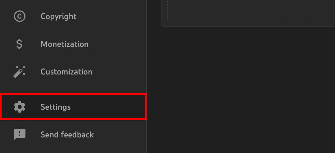 Navigating to Settings in YouTube Studio for channel configuration