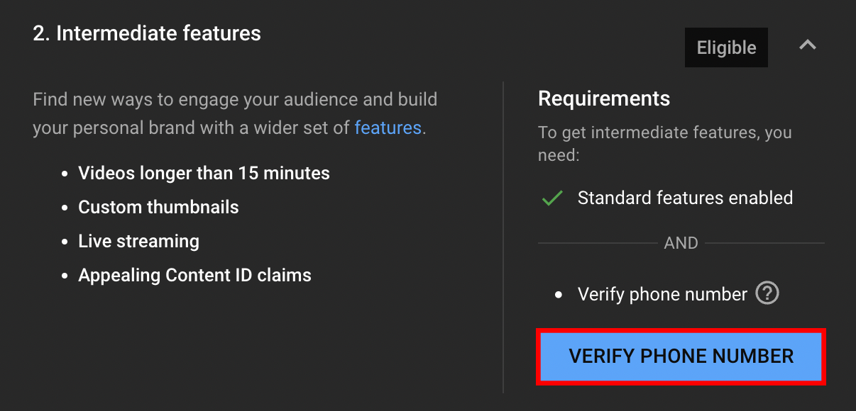 Verifying your phone number to unlock intermediate YouTube features