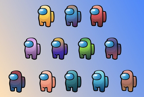 Various colorful Among Us characters on a gradient background for gaming illustration