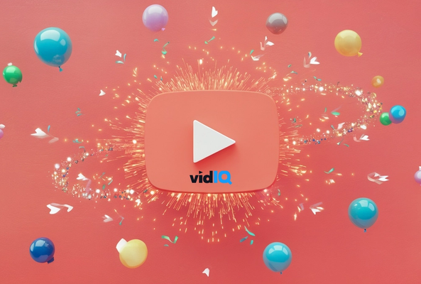 YouTube play button icon with vidIQ logo, surrounded by balloons and sparkles on red background
