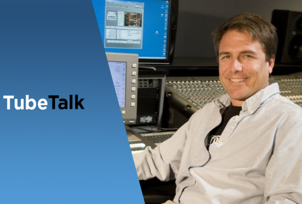 Man sitting in recording studio next to audio mixing equipment with TubeTalk logo on blue background