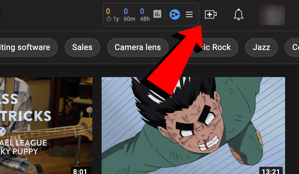 Starting the YouTube video upload process from the camera icon
