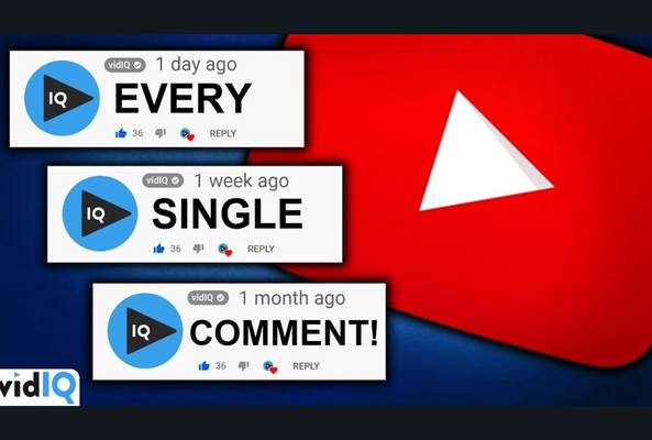 YouTube comment examples from vidIQ showing engagement with likes and replies icons.