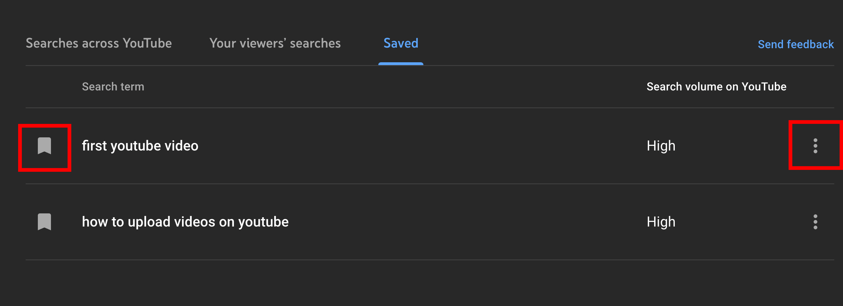 YouTube search terms list showing saved keyword "first youtube video" with high search volume