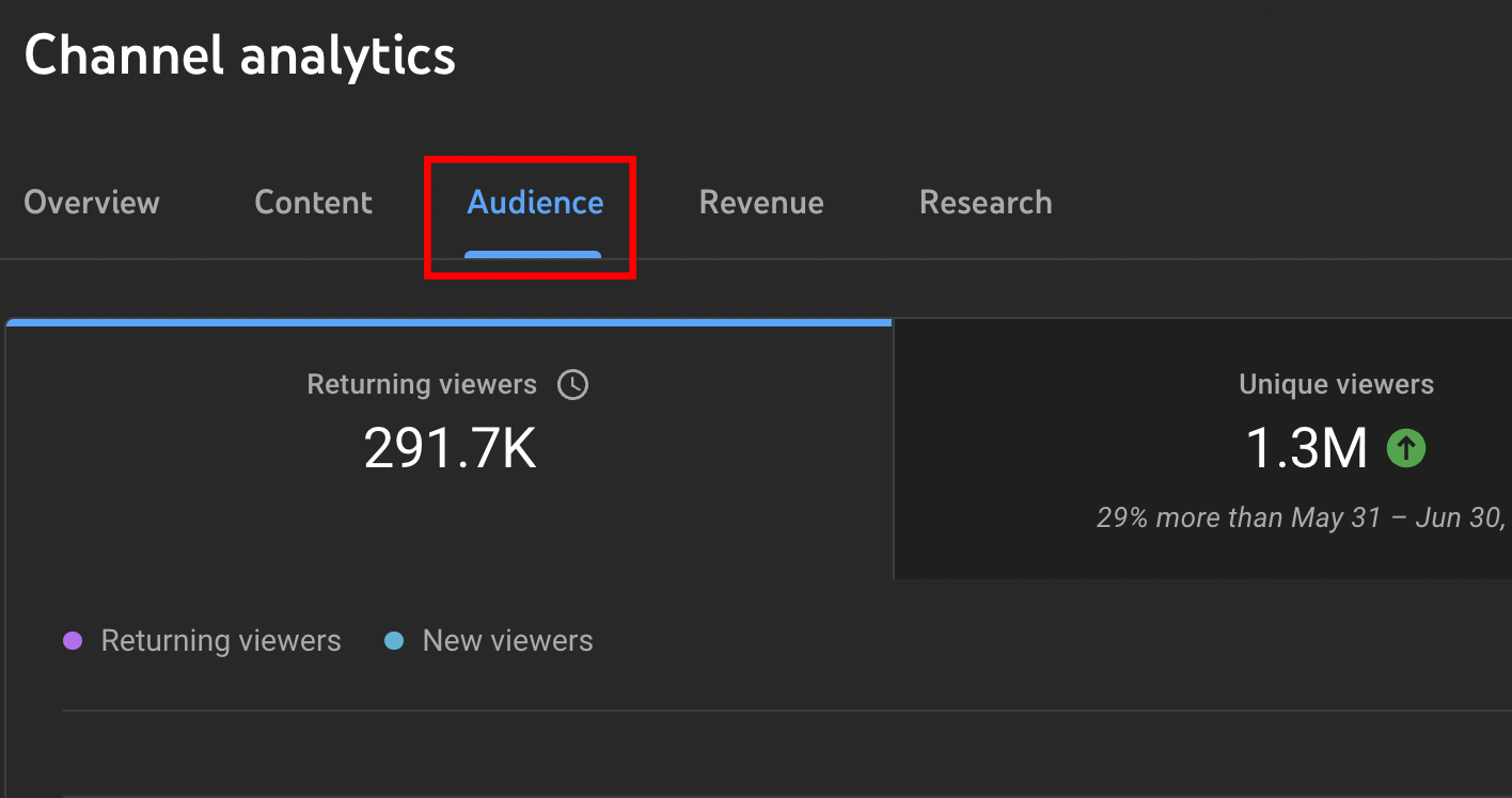 The audience tab is between the content and revenue tabs