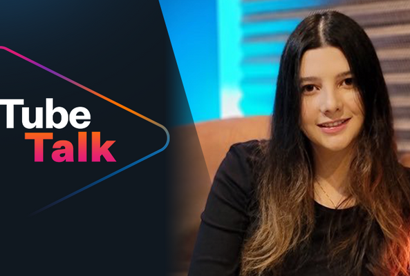 Young woman smiling with Tube Talk logo on gradient dark background, video podcast concept