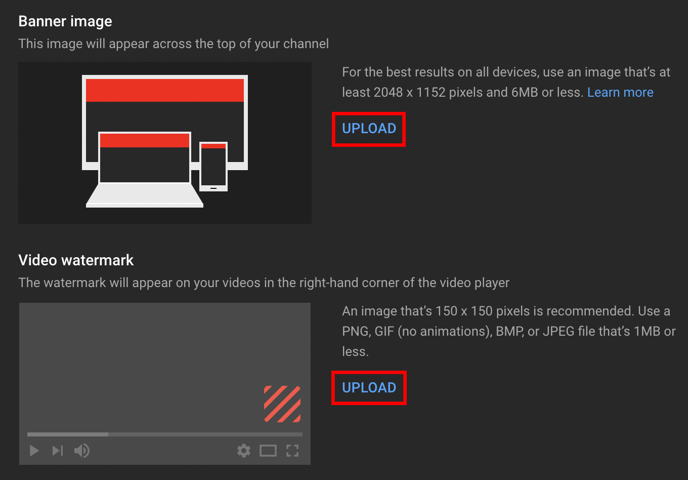 Uploading banner and watermark assets to your YouTube channel