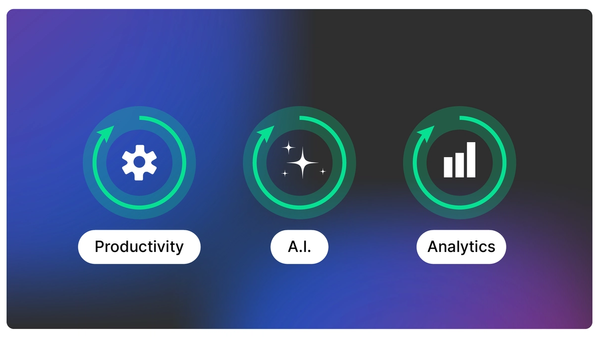 Icons for productivity, A.I., and analytics with circular progress arrows on blue background