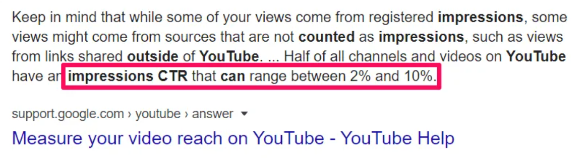 Screenshot of Google search snippet about YouTube impressions CTR ranging between 2% and 10%