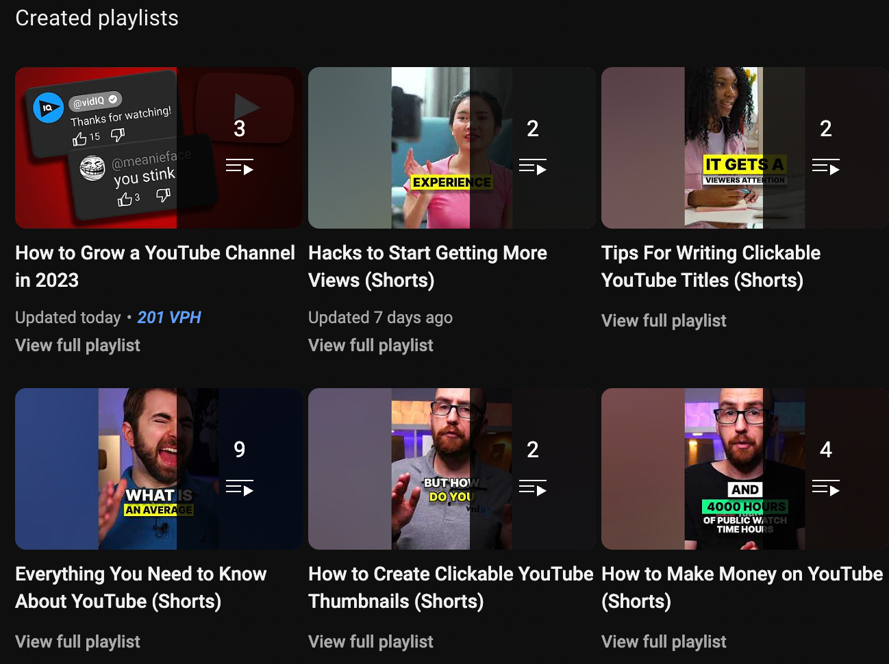 A collection of youtube playlists on the vidIQ channel