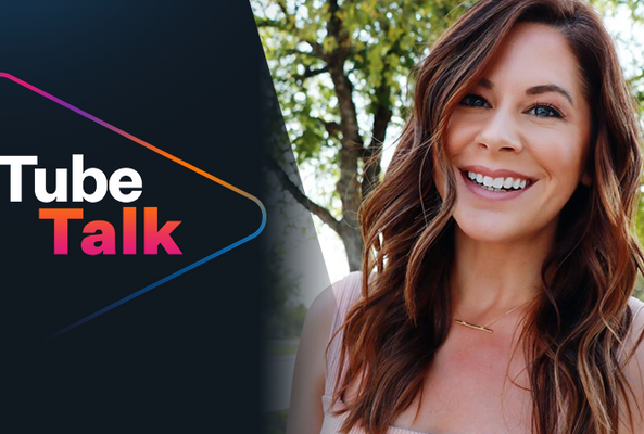 Smiling woman next to Tube Talk logo with play button icon on dark background