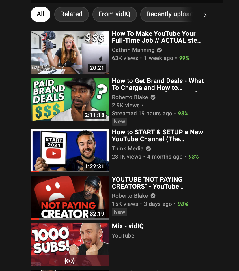 YouTube video suggestions focused on growing channels, brand deals, and creator issues.