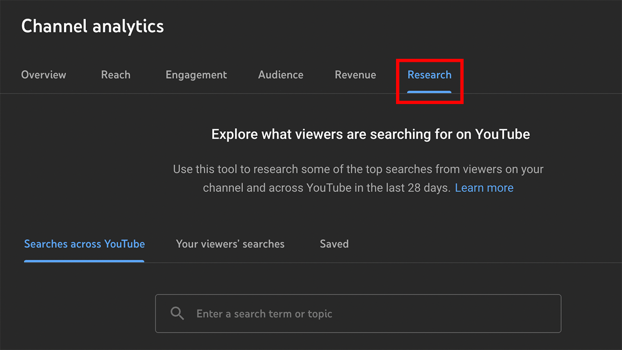The research tab of the YouTube Studio's analytics section
