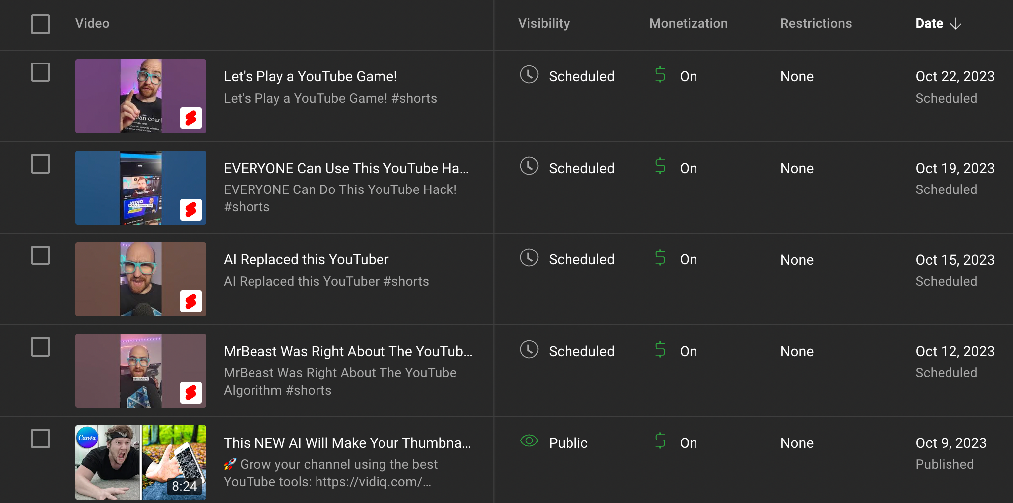 List of youtube videos