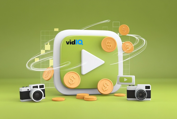 Green play button with vidIQ logo, coins, and cameras symbolizing video monetization.