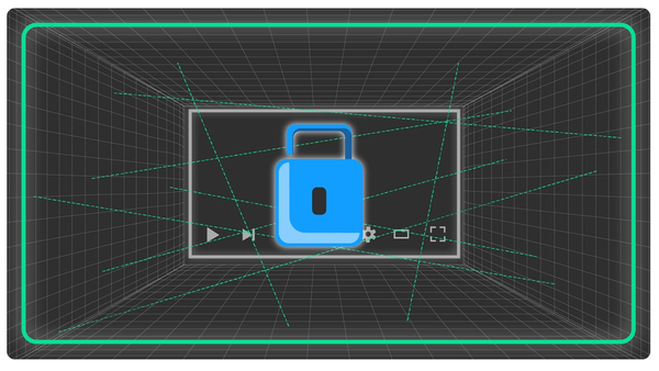 Blue padlock icon over video player interface with 3D grid and light beams background